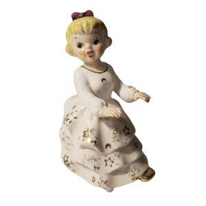 Vintage Orion Young Girl Figurine Singing Playing Piano Blonde Stars Dress